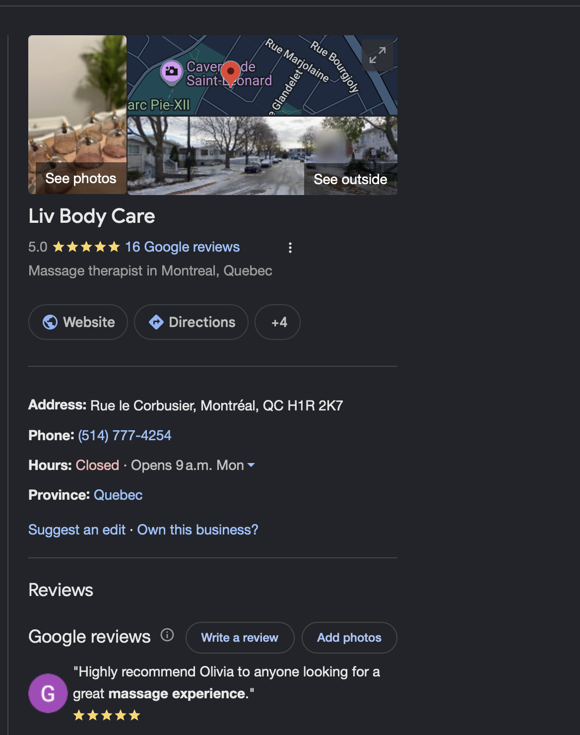 LivBody Care Google Business Profile — 5 stars, 16 reviews, massage therapist Montreal